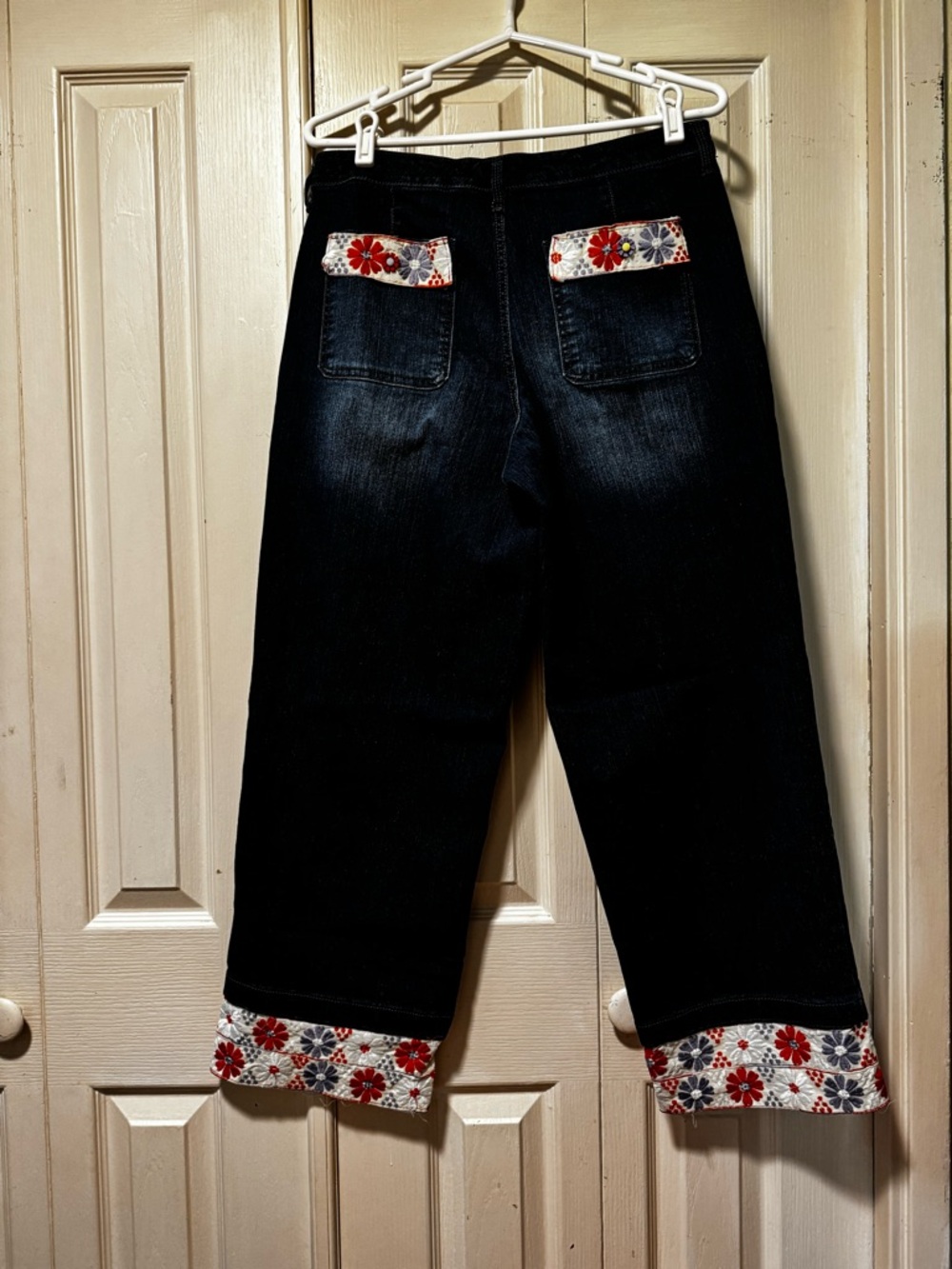 Upcycled Wide Leg Dark Blue Jeans with Embroidered Floral Cuff - Picture 2 of 8
